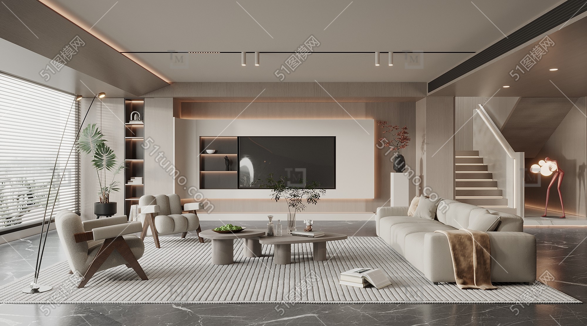 现代客厅 沙发茶几组合 书桌椅组合 电视背景 书柜 休闲椅-1